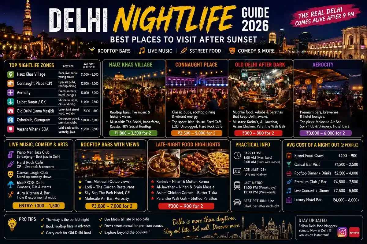 Delhi Nightlife Guide 2026: Best Places to Visit After Sunset